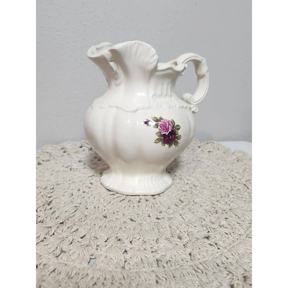Vintage Cream Ceramic Floral Pitcher Purple Rose Decorative Vase Scalloped Rim